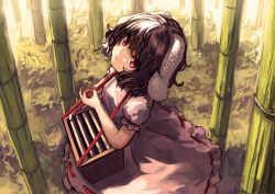 Rule 34 | 1girl, animal ears, bamboo, berabou, black hair, box, rabbit ears, donation box, dress, from above, grass, head tilt, inaba tewi, looking at viewer, looking up, outdoors, pink dress, puffy sleeves, red eyes, red ribbon, ribbon, ribbon trim, short hair, solo, sunlight, touhou