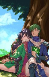 Rule 34 | 1boy, 1girl, absurdres, black hair, blue coat, blue sky, book, cape, ced (fire emblem), closed eyes, cloud, coat, commentary, commission, earrings, english commentary, eyelashes, fire emblem, fire emblem: thracia 776, fur-trimmed cape, fur trim, gold trim, green coat, green hair, highres, holding, holding book, holding tiara, jewelry, long hair, mareeta (astra awakened) (fire emblem), mareeta (fire emblem), moccha kofii, nintendo, on grass, outdoors, red cape, short hair, sitting, sky, smile, teeth