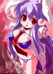 Rule 34 | 1girl, animal ears, bikini, breasts, cleavage, female focus, large breasts, long hair, miuku (marine sapphire), necktie, open clothes, open shirt, purple hair, rabbit ears, rabbit girl, rabbit tail, red eyes, red necktie, reisen udongein inaba, shirt, solo, swimsuit, tail, touhou