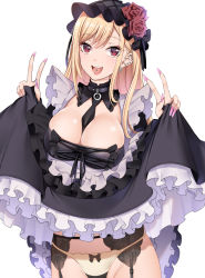 Rule 34 | 1girl, barbell piercing, blonde hair, blush, breasts, cleavage, clothes lift, cosplay, double v, dress, dress lift, ear piercing, earrings, garter belt, garter straps, gradient hair, highres, holding, holding clothes, jewelry, kippuru, kitagawa marin, kuroe shizuku, large breasts, lifted by self, long hair, looking at viewer, multicolored hair, open mouth, panties, piercing, red eyes, smile, solo, sono bisque doll wa koi wo suru, thighhighs, underwear, v