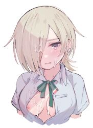 Rule 34 | 1girl, blonde hair, blush, breasts, button gap, collared shirt, commentary request, cropped arms, cropped torso, cum, cum on body, cum on breasts, cum on hair, cum on upper body, earrings, facial, female focus, green ribbon, hair over one eye, highres, jewelry, looking at viewer, love live!, love live! nijigasaki high school idol club, medium breasts, mia taylor, neck ribbon, nipples, no bra, notyu maru, one breast out, parted lips, partially unbuttoned, purple eyes, ribbon, shirt, short hair, short sleeves, solo, striped, striped ribbon, upper body, white background, white shirt