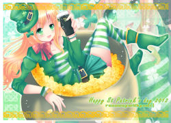 Rule 34 | 1girl, alcohol, blonde hair, boots, cauldron, clover, coin, gold coin, green eyes, guinness (beer), hat, high heel boots, high heels, leprechaun, runawaywithyou, saint patrick&#039;s day, skirt, solo, striped clothes, striped thighhighs, thighhighs