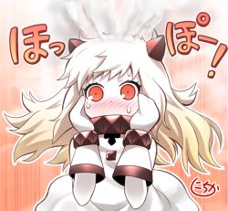 Rule 34 | 10s, 1girl, abyssal ship, ahoge, blush, colored skin, covered mouth, dress, horns, kantai collection, long hair, looking at viewer, mittens, nichika (nitikapo), northern ocean princess, red eyes, silver hair, solo, sweat, translation request, white dress, white skin