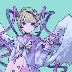 Rule 34 | 1girl, angel wings, blonde hair, blue background, blue bow, blue eyes, blue hair, blue nails, blue shirt, blue skirt, bow, chouzetsusaikawa tenshi-chan, closed mouth, feathered wings, hair bow, highres, long hair, long sleeves, looking at viewer, multicolored hair, multicolored nails, multiple hair bows, needy girl overdose, pink bow, pink hair, pink nails, pixel art, pleated skirt, purple bow, quad tails, sailor collar, school uniform, serafuku, shirt, simple background, sitting, skirt, solo, twintails, uzume (uzm0), very long hair, white wings, wings, yellow bow
