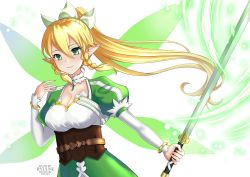 Rule 34 | 1girl, absurdres, artist name, blonde hair, bracelet, braid, breasts, butterfly wings, cleavage, closed mouth, floating hair, green eyes, green wings, hair between eyes, highres, holding, holding sword, holding weapon, insect wings, jewelry, katana, leafa, long hair, medium breasts, pointy ears, ryuuneart, smile, solo, sword, sword art online, twin braids, underbust, upper body, very long hair, weapon, white background, wings