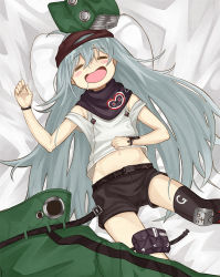 Rule 34 | 1girl, = =, ahoge, bed sheet, black shorts, black thighhighs, blue hair, blush stickers, coat, drooling, from above, g11 (girls&#039; frontline), girls&#039; frontline, green coat, green hat, groin, hair between eyes, hat, long hair, midriff, navel, numazume, pillow, pouch, saliva, shirt, shorts, sleeping, solo, thigh pouch, thighhighs, unworn coat, unworn hat, unworn headwear, very long hair, white shirt