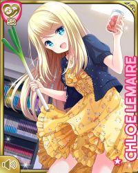 Rule 34 | 1girl, :d, blonde hair, blue eyes, blue jacket, card, character name, chloe lemaire, day, dress, girlfriend (kari), indoors, jacket, long hair, official art, open mouth, qp:flapper, smile, solo, spring onion, standing, tagme, yellow dress
