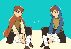 Rule 34 | 1boy, black eyes, blue background, blue jacket, brown footwear, brown hair, brown pants, brown vest, cape, chilchuck tims, dungeon meshi, freckles, highres, hood, hood up, hooded jacket, jacket, looking at viewer, male focus, multiple persona, orange cape, pants, sansai 100, shirt, short hair, sitting, translation request, two-tone background, vest, white shirt, wrist wrap, yellow background