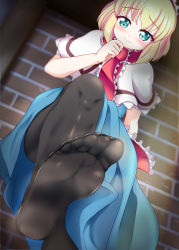Rule 34 | 1girl, akabashi yuusuke, alice margatroid, blonde hair, blue eyes, blush, brick wall, feet, foot focus, headdress, highres, leg lift, looking at viewer, no shoes, pantyhose, pov, smile, soles, standing, steam, toes, touhou