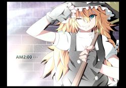 Rule 34 | 1girl, blonde hair, blue eyes, bow, braid, broom, do-tan, female focus, fingerless gloves, gloves, grin, hat, highres, kirisame marisa, long hair, smile, solo, touhou, upper body, witch, witch hat