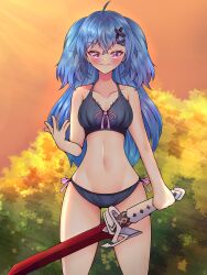 Rule 34 | 1girl, absurdres, belly, belt, black bra, black panties, blue hair, blush, blush stickers, bow, bow bra, bow panties, bra, bush, chiaki katsumi, commission, hair ornament, hairclip, highres, holding, holding weapon, looking at viewer, navel, panties, pink eyes, pixellink, sky, smile, solo, sword, thighs, tree, underwear, underwear only, virtual youtuber, weapon
