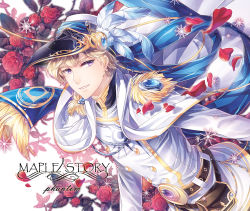 Rule 34 | 1boy, belt, belt pouch, blonde hair, blue ribbon, buckle, cape, character name, copyright name, double-breasted, earrings, epaulettes, floral background, flower, fringe trim, hat, hat feather, hat ribbon, jacket, jewelry, long hair, looking at viewer, male focus, maplestory, parted lips, petals, phantom (maplestory), pouch, purple eyes, red flower, red rose, ribbon, rose, rose petals, silverbin, smile, snowflakes, solo, white cape, white jacket