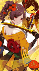 Rule 34 | 1girl, absurdres, bare shoulders, black gloves, brown hair, chiori (genshin impact), commentary request, cowboy shot, dual wielding, genshin impact, gloves, haori, highres, holding, holding sword, holding weapon, japanese clothes, katana, looking at viewer, mannan (zwei strum), medium hair, off shoulder, ponytail, red eyes, short sleeves, smile, solo, standing, sword, tamoto (genshin impact), uraku misugiri (genshin impact), weapon