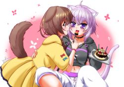 Rule 34 | 2girls, ahoge, animal ear fluff, animal ears, birthday cake, black choker, black hoodie, braid, brown eyes, brown hair, cake, candle, cat ears, cat girl, cat tail, choker, commentary request, dated, dog ears, dog girl, dog tail, eye contact, feeding, floral background, food, fork, fruit, hair between eyes, hand on another&#039;s back, happy birthday, highres, holding, holding fork, holding plate, hololive, hood, hood down, hoodie, inugami korone, inugami korone (1st costume), jacket, kneeling, looking at another, midriff, misril, multiple girls, nekomata okayu, nekomata okayu (1st costume), pants, partial commentary, pink background, plate, purple eyes, purple hair, short hair, signature, single braid, sitting, skirt, slit pupils, strawberry, suspenders, tail, track pants, twitter username, two-tone background, virtual youtuber, white background, white pants, wristband, yellow jacket, yellow skirt, yuri