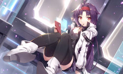 Rule 34 | 1girl, ahoge, arm support, black thighhighs, blush, breasts, cleavage, commentary request, food, gabiran, head tilt, highres, holding, indoors, jacket, long hair, long sleeves, looking at viewer, mouth hold, open clothes, open jacket, pocky, purple hair, short shorts, shorts, sitting, small breasts, sword art online, thighhighs, thighs, very long hair, white footwear, white jacket, yuuki (sao)