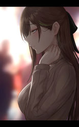 Rule 34 | 1girl, black ribbon, blurry, blurry background, blush, breasts, brown hair, brown sweater, closed mouth, from side, girls&#039; frontline, green hair, hair ornament, hair ribbon, highres, large breasts, letterboxed, long hair, long sleeves, m4a1 (girls&#039; frontline), multicolored hair, ribbon, selcky, smile, streaked hair, sweater, upper body