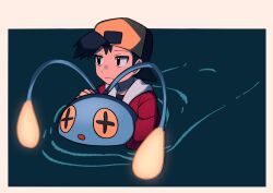 Rule 34 | 1boy, afloat, backwards hat, black eyes, black hair, black shirt, border, chinchou, closed mouth, commentary, creatures (company), ethan (pokemon), game freak, gen 2 pokemon, hat, holding, holding pokemon, jacket, male focus, nintendo, pokemon, pokemon (creature), pokemon gsc, red jacket, ripples, shirt, short hair, symbol-only commentary, tyako 089, water, white border