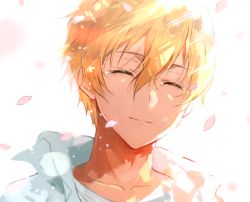 Rule 34 | 1boy, ^ ^, blonde hair, cherry blossoms, closed eyes, closed mouth, collarbone, commentary request, eugeo, facing viewer, hair between eyes, male focus, ogura ari, petals, portrait, shirt, smile, solo, sword art online, sword art online: alicization, white background, white shirt