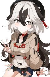 Rule 34 | 1girl, awe (adorableduckyy), beret, black hair, black hat, black shirt, blue skirt, blush, brown jacket, collarbone, collared shirt, commentary request, coralie (honkai impact), grey eyes, grey hair, grey nails, hair between eyes, hand up, hat, highres, honkai (series), honkai impact 3rd, jacket, looking at viewer, multicolored hair, nail polish, parted lips, shirt, simple background, sitting, skirt, solo, sweater vest, two-tone hair, v, white background