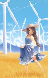 Rule 34 | 1girl, :d, artist name, black hair, blue dress, blue eyes, blue sky, cloud, collarbone, day, dress, full body, hair between eyes, hair ribbon, hat, highres, long hair, looking at viewer, low-tied long hair, open mouth, original, outdoors, ponytail, ribbon, rimuu, skirt hold, sky, sleeveless, sleeveless dress, smile, solo, standing, straw hat, sundress, white ribbon, wind turbine, windmill