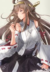 Rule 34 | 1girl, ahoge, artist name, black skirt, breasts, brown hair, clenched hands, cowboy shot, detached sleeves, double bun, hair bun, hairband, hazuki futahi, headgear, highres, kantai collection, kongou (kancolle), kongou kai ni (kancolle), large breasts, long hair, looking to the side, nontraditional miko, purple eyes, simple background, skirt, sollo, white background