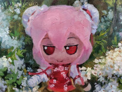 Rule 34 | 1girl, bandaged arm, bandages, bun cover, close-up, closed mouth, commentary, double bun, flower, fumo (doll), green skirt, hair bun, highres, ibaraki kasen, looking at viewer, oil painting (medium), painting (medium), pink hair, red eyes, short hair, skirt, smile, solo, tabard, touhou, traditional media, white flower, yuuren kyouko
