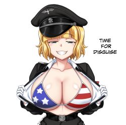 Rule 34 | 1girl, abridged-satoko, american flag, american flag bikini, american flag print, artist name, aryana schutze, belt, belt buckle, bikini, black belt, black hat, black jacket, blonde hair, blue bikini, blue eyes, blunt ends, breasts, buckle, cleavage, collarbone, colored eyelashes, commentary, dated, dress shirt, english commentary, english text, flag print, gloves, grin, half-closed eyes, halterneck, hat, jacket, large breasts, linea alba, long sleeves, looking at viewer, military uniform, mixed-language commentary, multicolored bikini, multicolored clothes, nazi, open clothes, open jacket, open shirt, opened by self, original, peaked cap, print bikini, red bikini, shirt, short hair, shoulder boards, signature, simple background, skull and crossbones, smile, solo, straight-on, string bikini, swimsuit, totenkopf, upper body, white background, white bikini, white gloves, white shirt