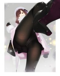 Rule 34 | 1girl, ama mitsuki, ankle boots, ass, bag, black gloves, black pantyhose, boots, brown eyes, brown hair, coat, gloves, hat, heart, high heel boots, high heels, leg up, long hair, looking at viewer, md5 mismatch, original, panties, panties under pantyhose, pantyhose, resolution mismatch, scarf, shoe soles, skirt, snowing, solo, source larger, umbrella, underwear, white panties, winter clothes, winter coat