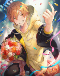 Rule 34 | 1boy, blunt bangs, bouquet, clothes around waist, commentary, confetti, drawstring, earrings, flower, happy birthday, highres, holding, holding bouquet, hood, hood down, hoodie, jacket, jacket over hoodie, jewelry, long sleeves, looking at viewer, male focus, multicolored hair, offtoon12, orange hair, project sekai, ribbon, rose, shinonome akito, shirt, short hair, sleeves past elbows, solo, streaked hair, teeth, two-tone hair, white flower, yellow hoodie