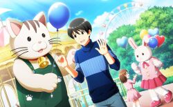 Rule 34 | 1boy, 1girl, balloon, black eyes, black hair, blue sky, blue sweater, brown hair, child, dress, ferris wheel, fingernails, fuyumi jun, highres, holding, holding balloon, idolmaster, idolmaster side-m, idolmaster side-m live on stage!, mascot, official art, palms, pink dress, sky, sleeves rolled up, sweater