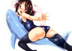 Rule 34 | 1girl, :o, animal ears, ass, bare shoulders, black hair, black thighhighs, blush, female focus, inaba no shiro usagi, inaba tewi, looking at viewer, looking back, mokoke, one-piece swimsuit, open mouth, parody, rabbit ears, rabbit girl, rabbit tail, school swimsuit, shark, short hair, simple background, solo, straddling, swimsuit, tail, thighhighs, thighs, touhou, wet, white background