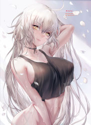Rule 34 | 1girl, ahoge, arm behind head, armpits, blush, bottomless, breasts, chihunhentai, choker, collarbone, fate/grand order, fate (series), hair between eyes, jeanne d&#039;arc (fate), jeanne d&#039;arc alter (avenger) (fate), jeanne d&#039;arc alter (fate), large breasts, long hair, looking at viewer, navel, silver hair, smile, solo, stomach, wet, yellow eyes