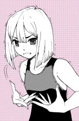 Rule 34 | angry, armpits, black tank top, blush, bob cut, breasts, collarbone, commentary, fingernails, frown, furrowed brow, greyscale, hair between eyes, halftone, halftone background, halftone texture, hands on own chest, highres, kyuutaro99, long fingernails, looking ahead, monochrome, motion lines, original, parted lips, short hair, small breasts, tank top, trembling, upper body