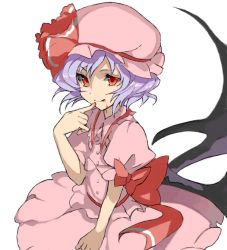 Rule 34 | 1girl, bakkanda, blood, closed mouth, dress, finger to mouth, hat, hat ribbon, mob cap, red eyes, remilia scarlet, ribbon, simple background, smile, solo, touhou, white background, wings