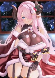 Rule 34 | 1girl, bare shoulders, black garter straps, black gloves, blue eyes, blush, braid, breasts, christmas, cleavage, commentary request, draph, dress, fur-trimmed dress, fur-trimmed sleeves, fur trim, garter straps, gloves, granblue fantasy, hair ornament, hair over one eye, highres, hilda sakura, holly hair ornament, horns, large breasts, leotard, long hair, looking at viewer, narmaya (granblue fantasy), narmaya (holiday) (granblue fantasy), official alternate costume, pink hair, pointy ears, pom pom (clothes), santa dress, see-through, see-through cleavage, see-through leotard, single braid, smile, snowman hair ornament, solo, thighhighs, thighs, very long hair