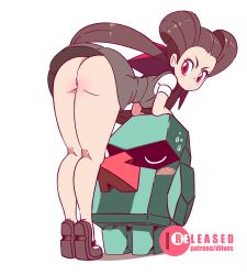 Rule 34 | 1boy, 1girl, :o, animated, animated gif, ass, blush, breasts, brown hair, creatures (company), diives, female focus, game freak, gen 3 pokemon, long hair, nintendo, nosepass, pokemon, pussy, red eyes, roxanne (pokemon), simple background, skirt, small breasts, white background