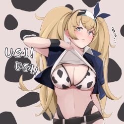 Rule 34 | 1girl, animal print, befu, bikini, black jacket, black wristband, blonde hair, blue eyes, blush, breasts, cleavage, clothes lift, collared shirt, cow print, gambier bay (kancolle), gambier bay mk ii (kancolle), hairband, highres, jacket, kantai collection, large breasts, lifted by self, long hair, looking at viewer, navel, parted lips, shirt, shirt lift, solo, swimsuit, trembling, twintails, upper body, white shirt, wristband