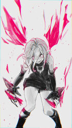 Rule 34 | 1girl, ahoge, bent over, briar (league of legends), chromatic aberration, colored sclera, commentary, detached sleeves, feet out of frame, grey hair, grin, hair between eyes, hair over one eye, highres, holding, holding weapon, league of legends, looking at viewer, no pupils, pink sclera, pointy ears, pote0508, sharp teeth, sidelocks, simple background, sketch, smile, solo, symbol-only commentary, teeth, vampire, weapon, white eyes