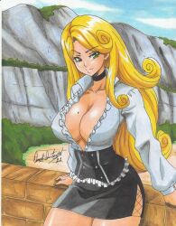 Rule 34 | 1girl, 2021, black skirt, blonde hair, breasts, choker, cleavage, collarbone, green eyes, highres, katsute kami datta kemonotachi e, large breasts, liza renecastle, long hair, mole, mole on breast, no bra, open clothes, outdoors, ravernclouk design, sitting, skirt, solo, thick thighs, thighs, traditional media