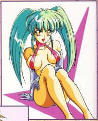 Rule 34 | 1980s (style), absurdres, aqua hair, arm support, breasts, gloves, green hair, highres, looking at viewer, mon-mon (miyazaki kenjin), official art, retro artstyle, retro artstyle, sitting, slingshot swimsuit, smile, swimsuit, twintails