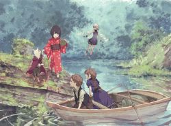 Rule 34 | 2boys, ahoge, arm support, barefoot, black eyes, black hair, boat, bracelet, braid, cape, cat, child, chimney, dress, fairy, fantasy, flying, highres, holding hands, japanese clothes, jewelry, kimono, leaning forward, long hair, multiple boys, oar, obi, original, outdoors, overgrown, puffy short sleeves, puffy sleeves, ripples, rooftop, sash, short hair, short sleeves, signature, single braid, sleeveless, sleeveless dress, smile, texture, traditional media, vest, water, watercraft, white hair, wings, zennosuke