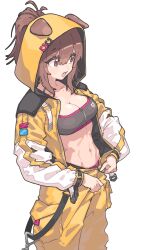 1girl absurdres animal_ears bandeau breasts brown_eyes brown_hair cleavage cowboy_shot dog_ears dog_girl ears_through_headwear fugota6509 highres hololive hood hooded_jacket inugami_korone inugami_korone_(8th_costume) jacket long_sleeves medium_breasts midriff navel official_alternate_costume pants short_hair solo standing stomach strapless tube_top virtual_youtuber yellow_jacket yellow_pants