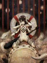 Rule 34 | 1girl, black hair, blunt bangs, breasts, brown hair, club, club (weapon), drum, extra arms, hecatoncheir, highres, instrument, kanabou, long hair, nail polish, nude, oni, original, red eyes, snake, solo, spiked club, taiko drum, tattoo, toi (number8), weapon