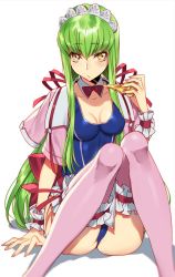 Rule 34 | 1girl, ass, blue one-piece swimsuit, blush, bow, bowtie, breasts, c.c., cheese trail, closed mouth, code geass, collarbone, creayus, detached collar, eating, food, long hair, looking at viewer, maid headdress, medium breasts, one-piece swimsuit, pink thighhighs, pizza, pizza slice, ribbon, shiny clothes, shirt on shoulders, simple background, sitting, swimsuit, thighhighs, very long hair, white background, yellow eyes