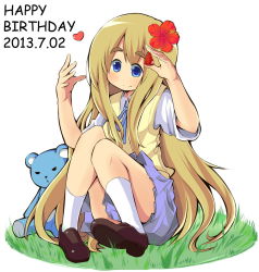 Rule 34 | 1girl, blonde hair, blue eyes, happy birthday, k-on!, kotobuki tsumugi, long hair, school uniform, shouma keito, solo, stuffed animal, stuffed toy, teddy bear, very long hair