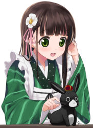 Rule 34 | 1girl, :d, ama usa an uniform, anko (gochiusa), anko (gochuumon wa usagi desuka?), apron, blunt bangs, blush, brown hair, flower, gochuumon wa usagi desu ka?, green eyes, hair flower, hair ornament, hair ribbon, japanese clothes, kimono, long hair, maid, mizuki gyokuran, open mouth, rabbit, ribbon, smile, solo, ujimatsu chiya, wa maid, wide sleeves