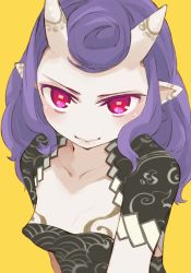 Rule 34 | 1girl, bad id, bad tinami id, breasts, covered erect nipples, face, horns, monster girl, mota, no nose, oni, original, pointy ears, purple hair, red eyes, simple background, small breasts, solo, yellow background