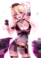 Rule 34 | 10s, 1girl, black gloves, blonde hair, blue eyes, breasts, fingerless gloves, garter straps, gloves, highres, iowa (kancolle), kantai collection, large breasts, long hair, machinery, miniskirt, open mouth, skirt, smile, solo, star-shaped pupils, star (symbol), striped clothes, striped skirt, striped thighhighs, symbol-shaped pupils, thighhighs, tranquillianusmajor, vertical-striped clothes, vertical-striped skirt, vertical-striped thighhighs, white background