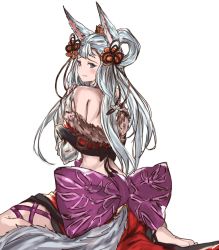 Rule 34 | 10s, 1girl, 3:, animal ears, back, bare shoulders, barefoot, blue eyes, blush, erune, fox ears, fox tail, from behind, granblue fantasy, hair ornament, hair rings, japanese clothes, long hair, looking at viewer, looking back, moko (alice), off shoulder, silver hair, simple background, sitting, societte (granblue fantasy), solo, tail, wariza, white background