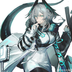 Rule 34 | 1girl, aqua eyes, aqua nails, aqua wings, arknights, belt, between breasts, black belt, black pantyhose, breasts, coat, cropped legs, dress, fingerless gloves, gloves, grey hair, hair between eyes, hand on own chin, ho&#039;olheyak (arknights), infection monitor (arknights), large breasts, long coat, long sleeves, looking at viewer, open clothes, open coat, pantyhose, short hair, snake tail, solo, strap between breasts, tail, upper body, weibo 7562520833, white background, white dress, white gloves